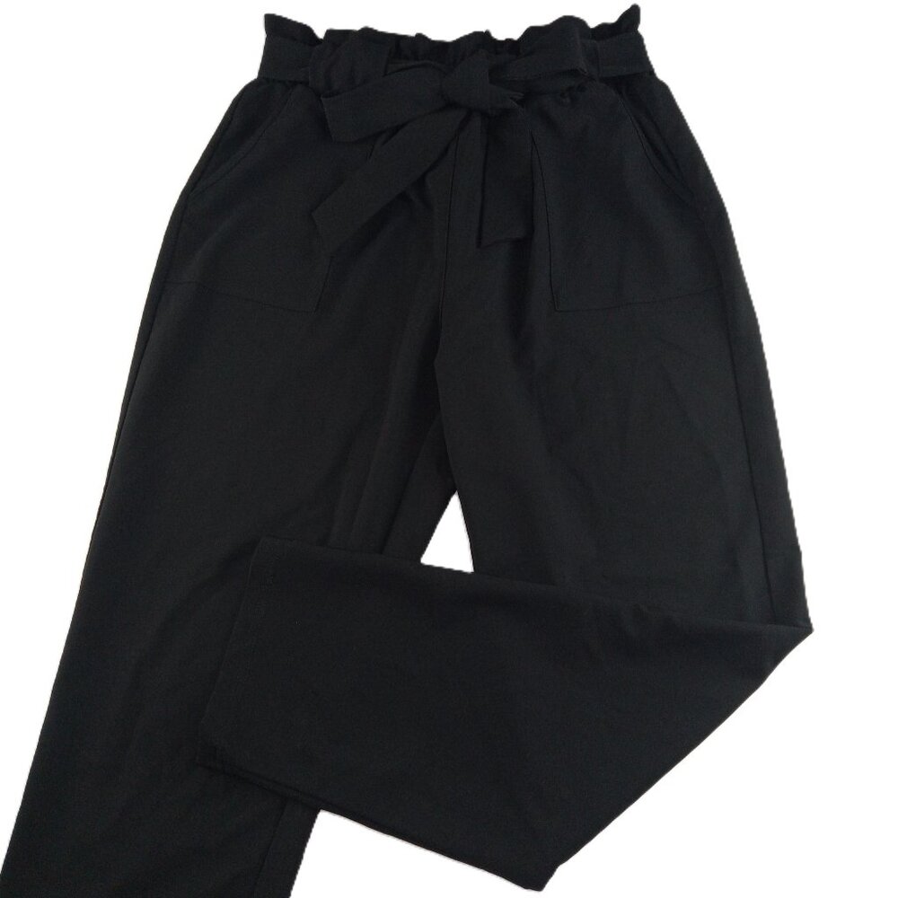 Grace Karin Belted Paperbag Waist Crop Pant Women's Size Large Black High Rise